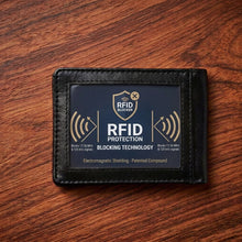 Load image into Gallery viewer, Slim Leather Bifold Wallet with Outside ID Window & RFID Protection - Premium Black Cowhide