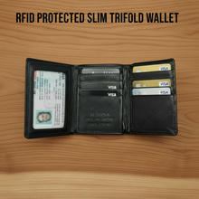 Load image into Gallery viewer, Men's Black Full-Grain Leather Bifold Wallet | 8 Card Slots, ID Window & Cash Divider