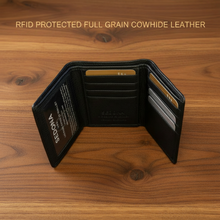 Load image into Gallery viewer, Men's Black Full-Grain Leather Bifold Wallet | 8 Card Slots, ID Window & Cash Divider