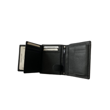 Load image into Gallery viewer, Black leather wallet open on a white background